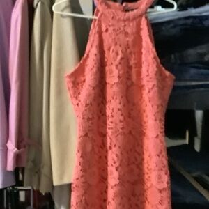 Lulu's Coral Crochet Detail Dress,‎ lace overlay, large